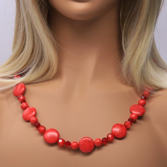 3 Piece Set Necklace Bracelet Earrings Red Howlite Crystals Red Glass Beads - Picture 9 of 10